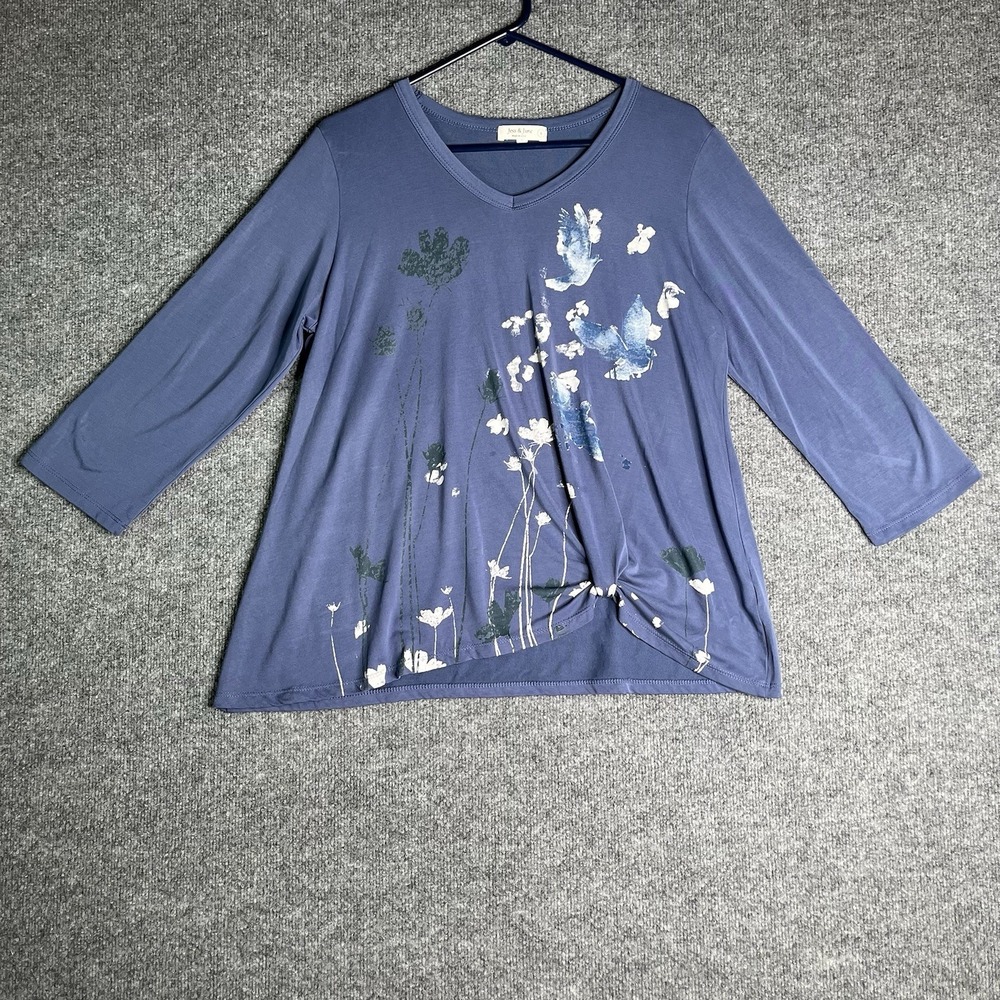 Jess And Jane Floral Print Blouse Women Size Large Blue Boho Art